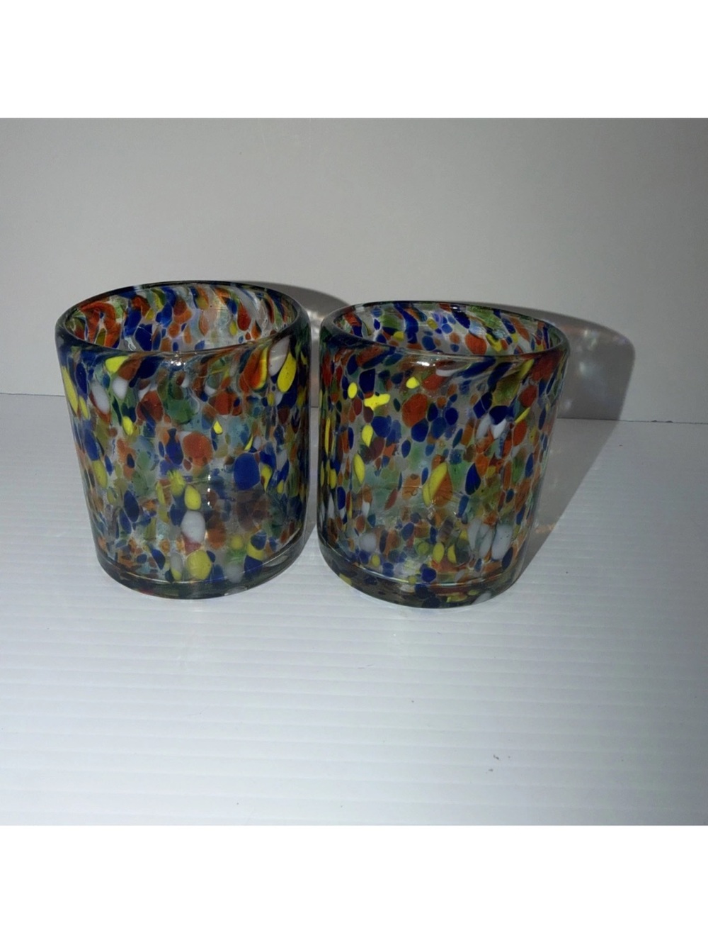 Confetti Low Ball Glasses Thick Hand Blown Glass Set Of Two Vintage